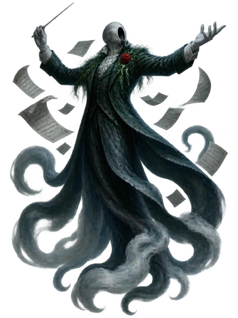 The Drowned Conductor, Fogborn bertopeng pucat dengan jas berekor yang terurai menjadi kabut, mengangkat tongkat dirigen di antara lembaran partitur yang beterbangan.