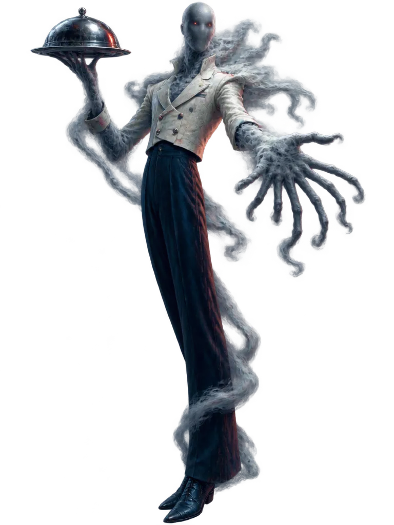 The Pale Steward, Fogborn jangkung tanpa wajah dengan jas pramugara putih, mengangkat nampan krom.